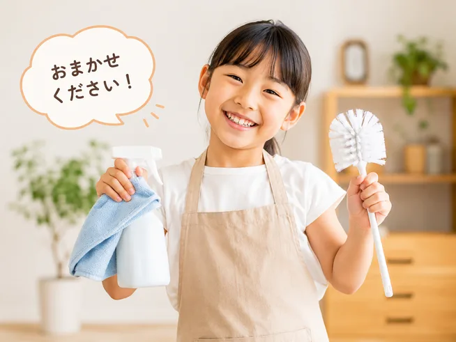 「おまかせください！」と掃除道具を持つ子ども／便利屋（何でも手伝い）